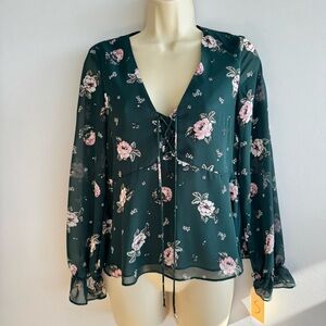 H&M Dark Green Floral Lace-Up Blouse with Pink Flowers